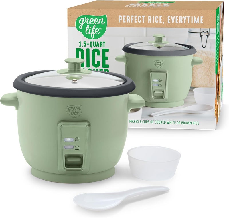 GreenLife Rice Cooker with Removable PFAS-Free Nonstick Pot, 3-Cups Uncooked/6-Cups Cooked, One-Switch Design, Auto Keep Warm Function, Soup, Grains, Oatmeal, Wood Handle, Sage Green - Image 1